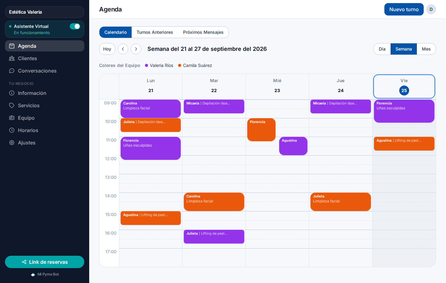 La agenda de la semana en el tablero, con las citas de dos profesionales en colores distintos.