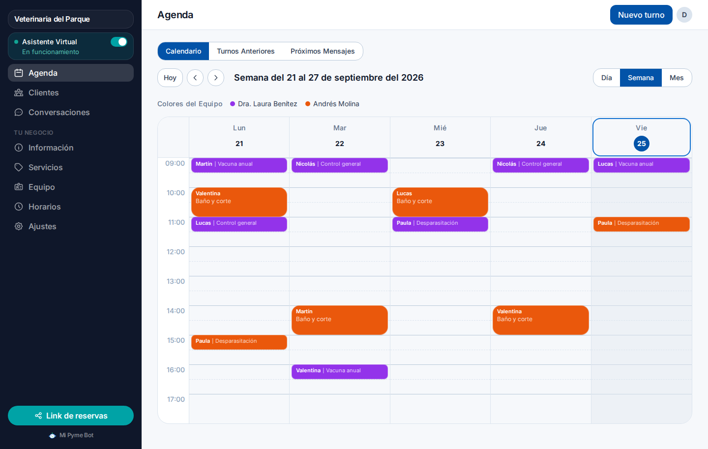 La agenda de la semana en el tablero, con las citas de dos profesionales en colores distintos.
