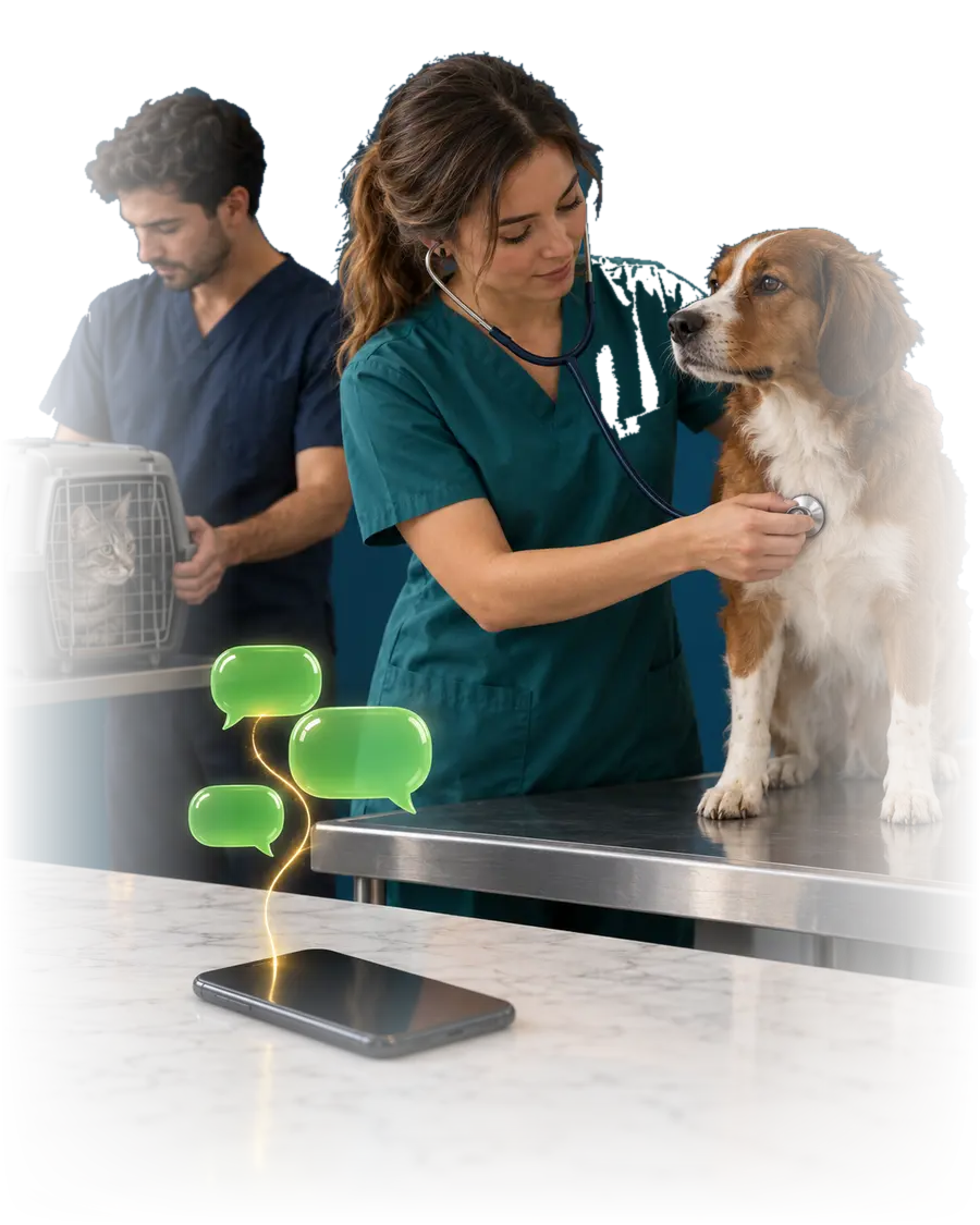Una veterinaria ausculta a un perro sobre la mesa de consulta mientras un asistente acomoda una gatera. Sobre la mesada, un teléfono deja salir tres mensajes.